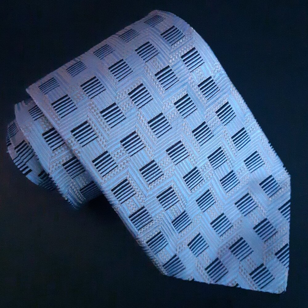 Sazzari Pastel Blue w/ Navy Line Squares Repeating Pattern 100% Silk Tie